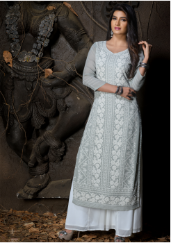 Grey Color Designer Georgette Straight Cut Kurti